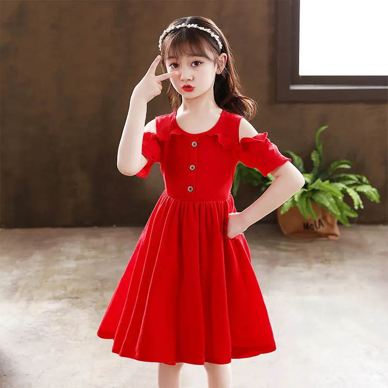 DUNNMALL  Girls' Summer Clothing Dress Summer New Pure Color A- line Skirt Little Girl Western Style Medium and Big Children off Shoulder Princess Dress