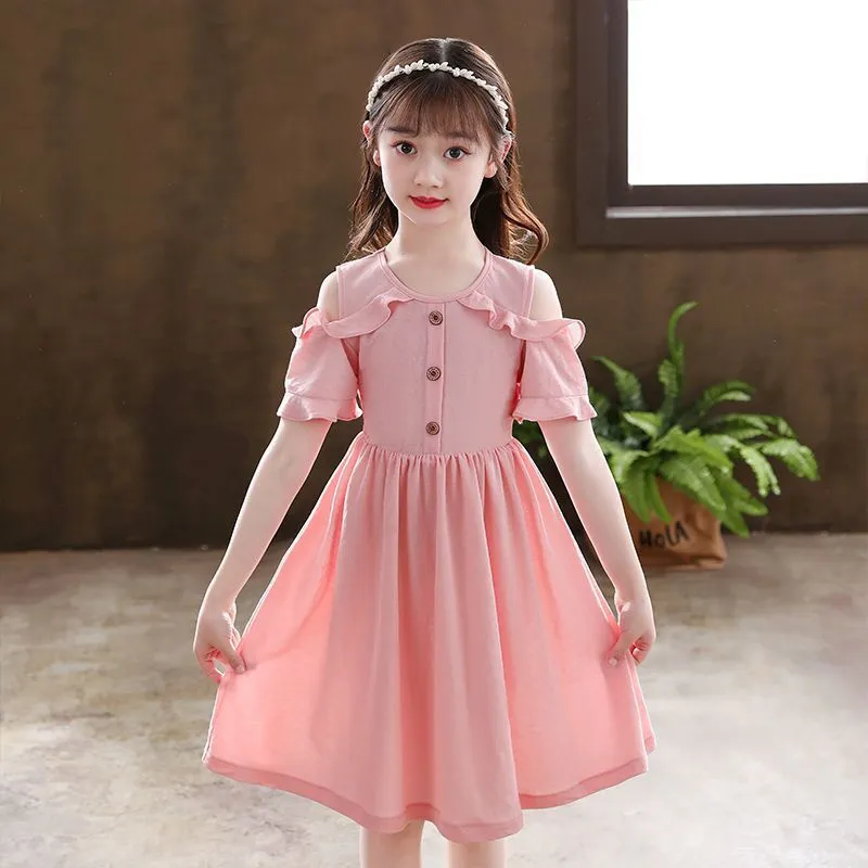 DUNNMALL  Girls' Summer Clothing Dress Summer New Pure Color A- line Skirt Little Girl Western Style Medium and Big Children off Shoulder Princess Dress
