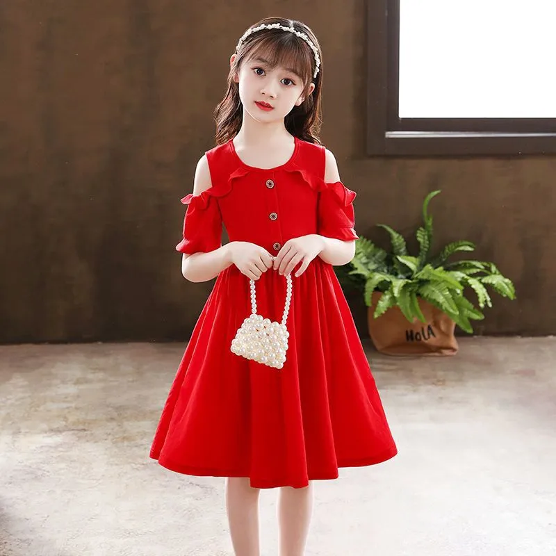 DUNNMALL  Girls' Summer Clothing Dress Summer New Pure Color A- line Skirt Little Girl Western Style Medium and Big Children off Shoulder Princess Dress
