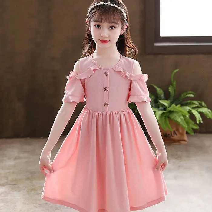 DUNNMALL  Girls' Summer Clothing Dress Summer New Pure Color A- line Skirt Little Girl Western Style Medium and Big Children off Shoulder Princess Dress