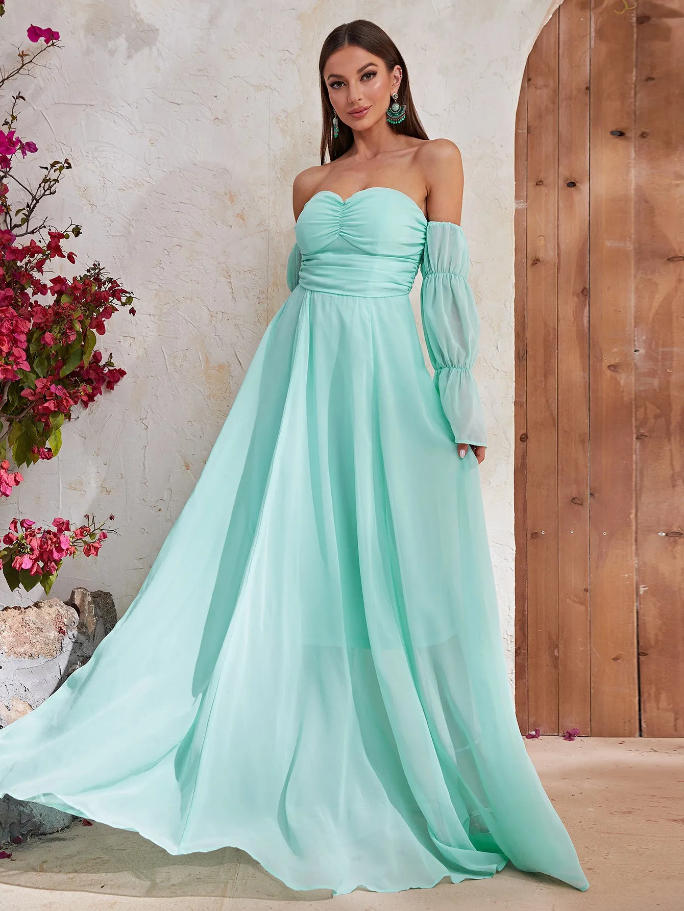 Fantasy Serenade Off-Shoulder Green Maxi Dress
