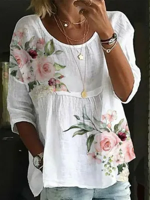 Fashion Loose Shirt Woman Elegant Round-Neck Woman Shirt Printed Casual Woman Shirt Holiday Weekend Top