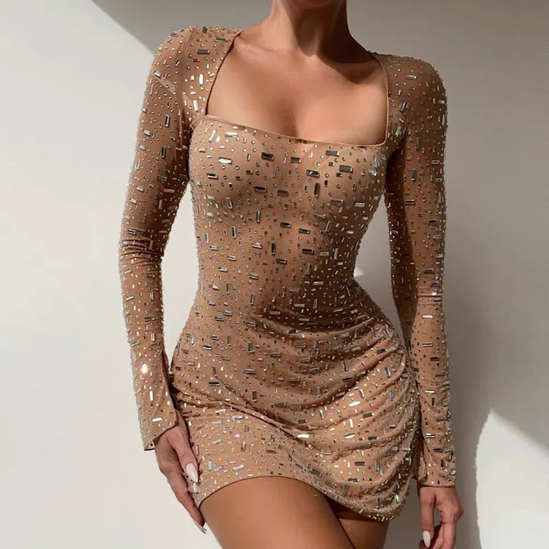 Fashionkova church outfit Women's Low-Cut Square Collar Long Sleeve Waist-Tight Hip-Wrapped Sexy Hot Girl Slightly Transparent Short Bright Diamond Mesh Dress