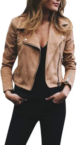 Faux Suede Leather Jackets Zipper Slim Fit Motorcycle Biker Short PU Leather Coat