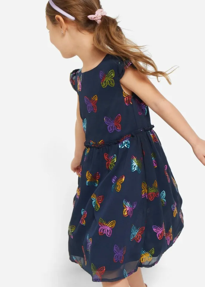 Festive chiffon dress for girls with butterfly print Bpc Bonprix Collection, blue