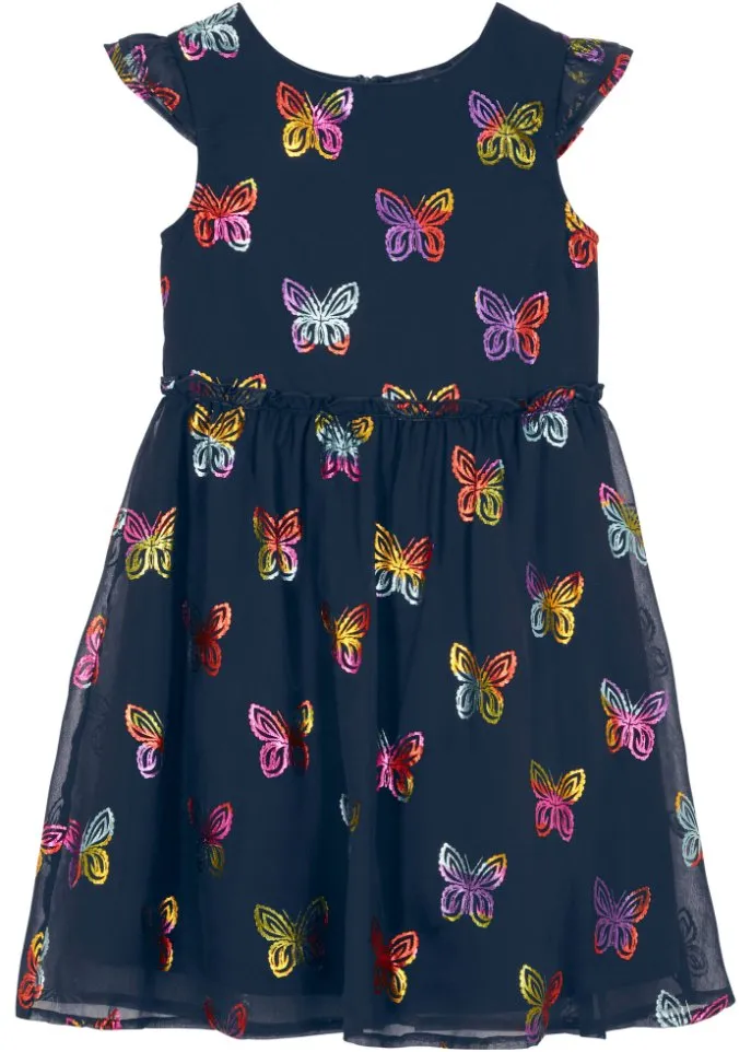 Festive chiffon dress for girls with butterfly print Bpc Bonprix Collection, blue