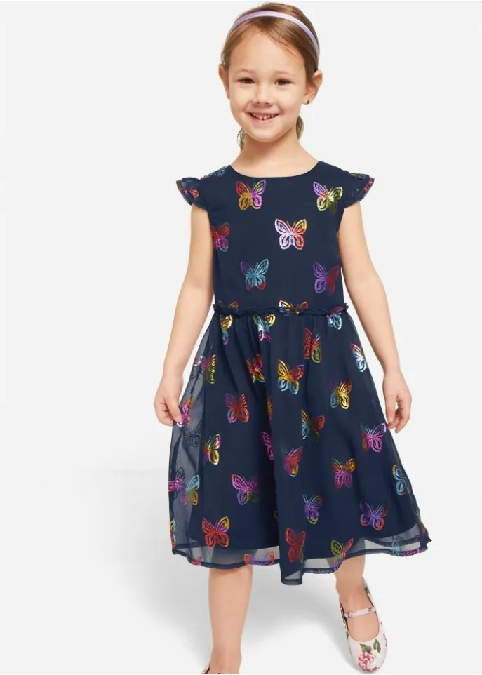 Festive chiffon dress for girls with butterfly print Bpc Bonprix Collection, blue