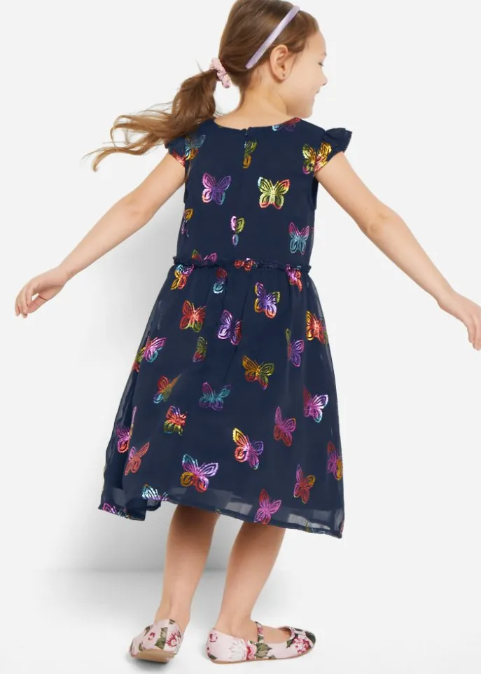 Festive chiffon dress for girls with butterfly print Bpc Bonprix Collection, blue