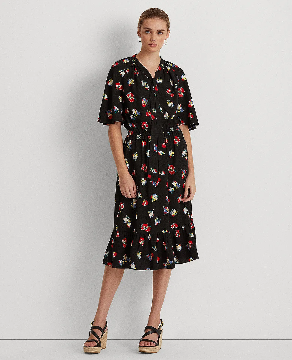 Floral Crepe Tie-Neck Dress In Black/Red Multi