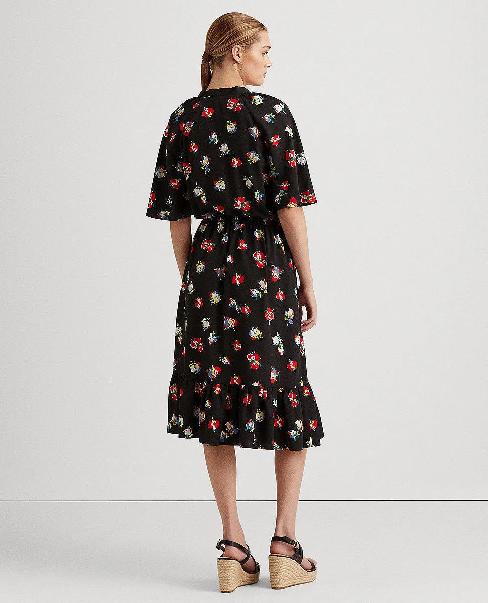 Floral Crepe Tie-Neck Dress In Black/Red Multi