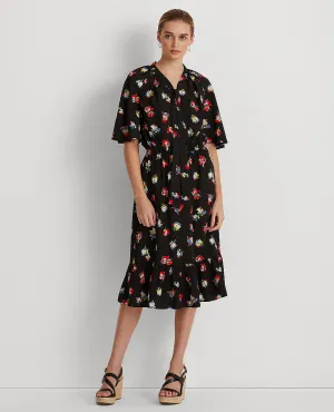 Floral Crepe Tie-Neck Dress In Black/Red Multi