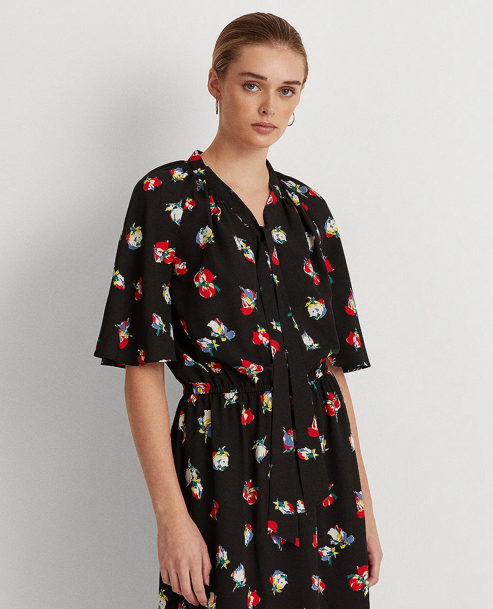 Floral Crepe Tie-Neck Dress In Black/Red Multi