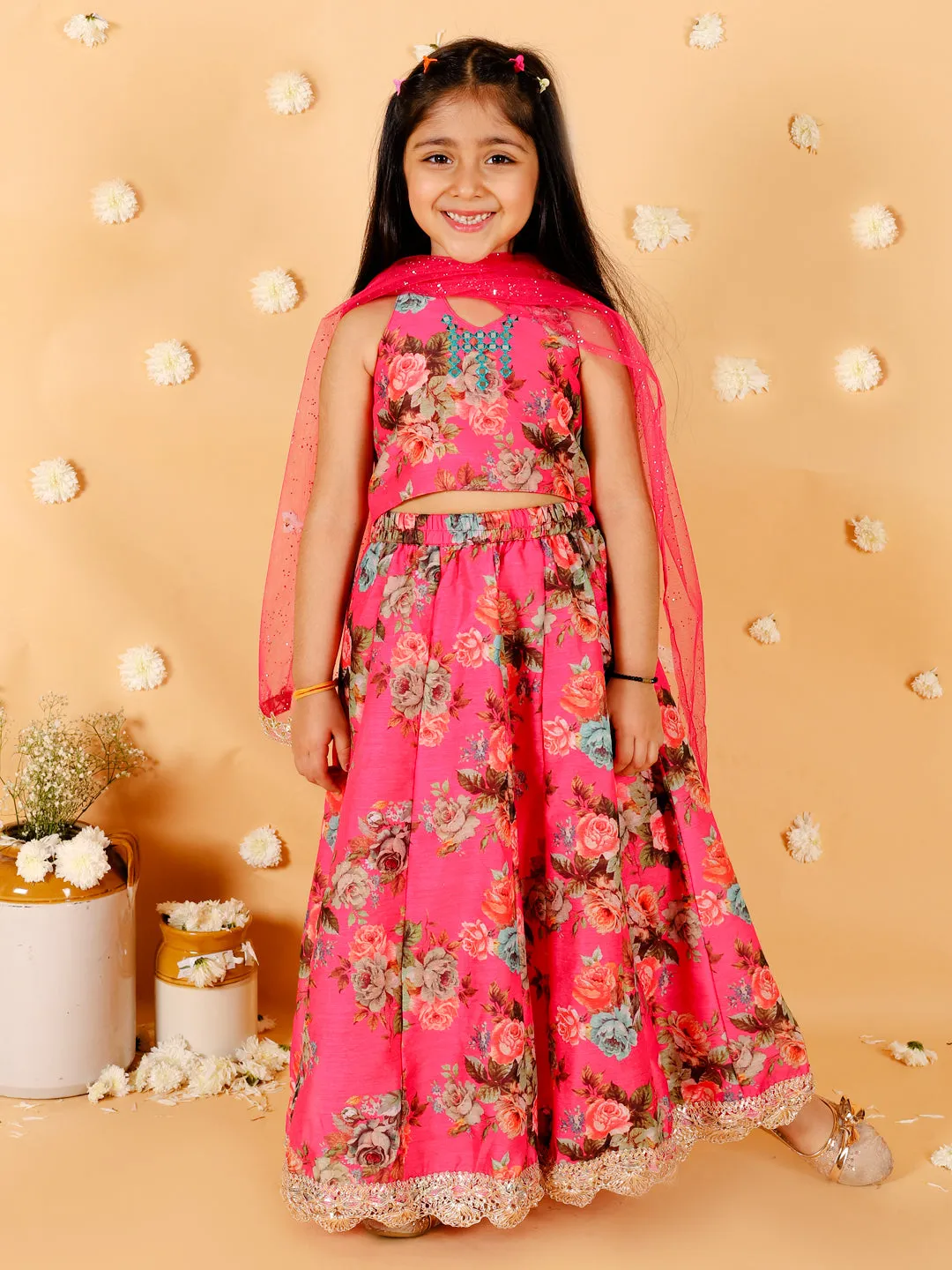 Girl's Floral Print Choli With Back Open & Umbrella Ghaghra With Chiffon Drape Dupatta & Latkan-Fuschia - Lil Peacock