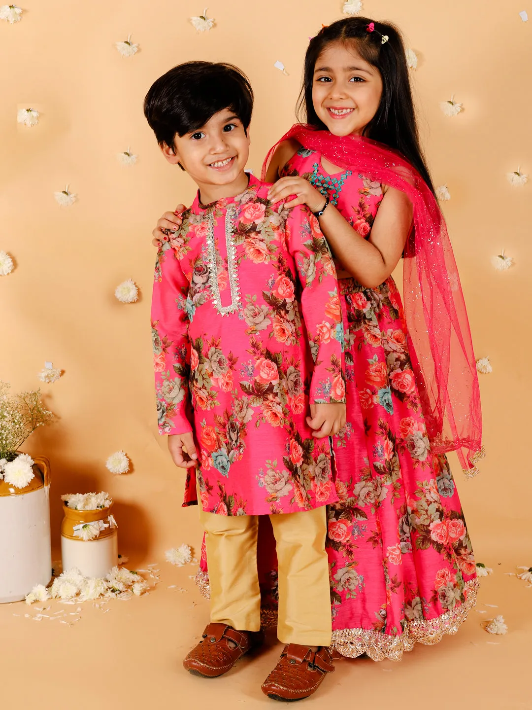 Girl's Floral Print Choli With Back Open & Umbrella Ghaghra With Chiffon Drape Dupatta & Latkan-Fuschia - Lil Peacock