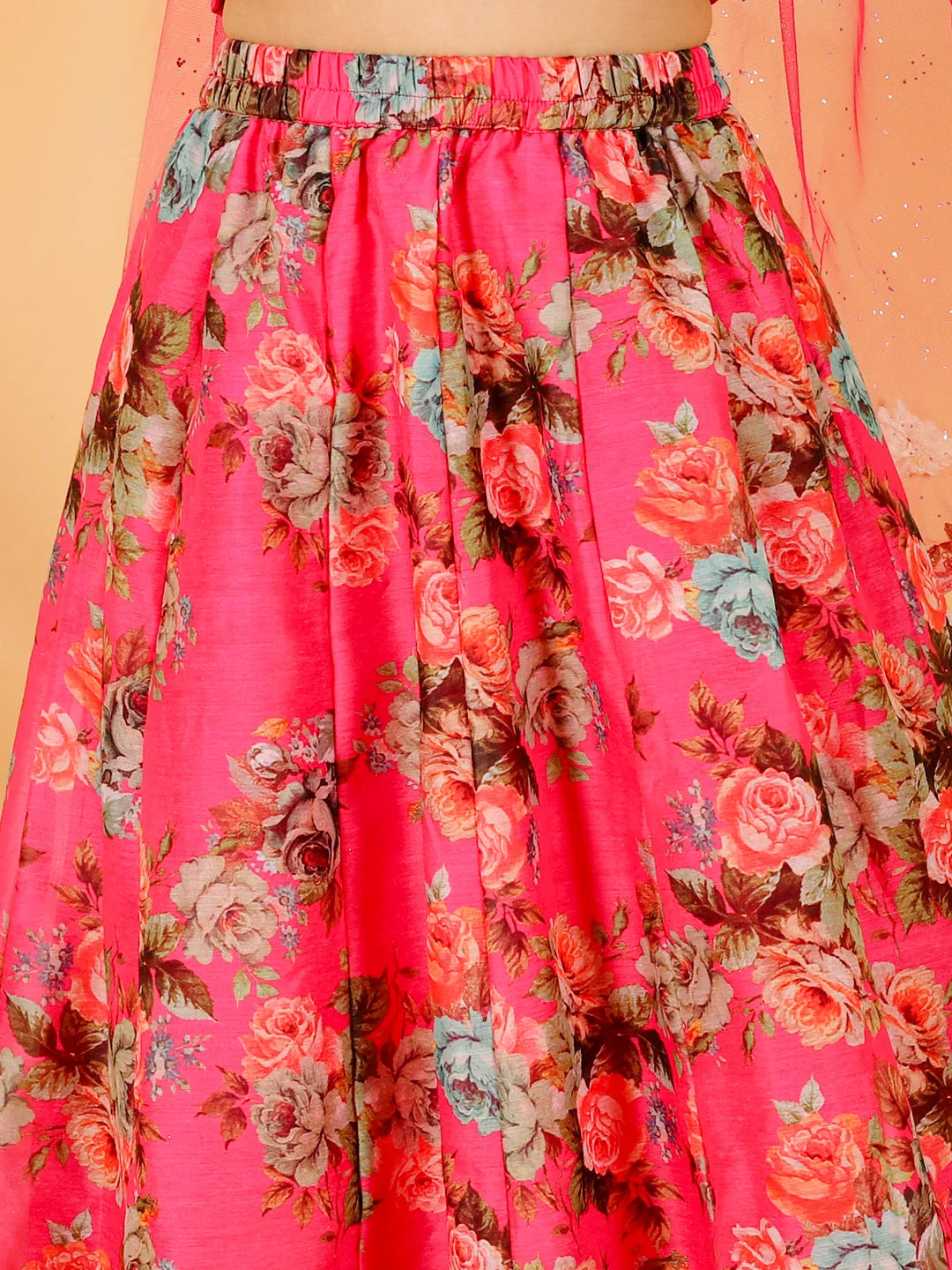 Girl's Floral Print Choli With Back Open & Umbrella Ghaghra With Chiffon Drape Dupatta & Latkan-Fuschia - Lil Peacock