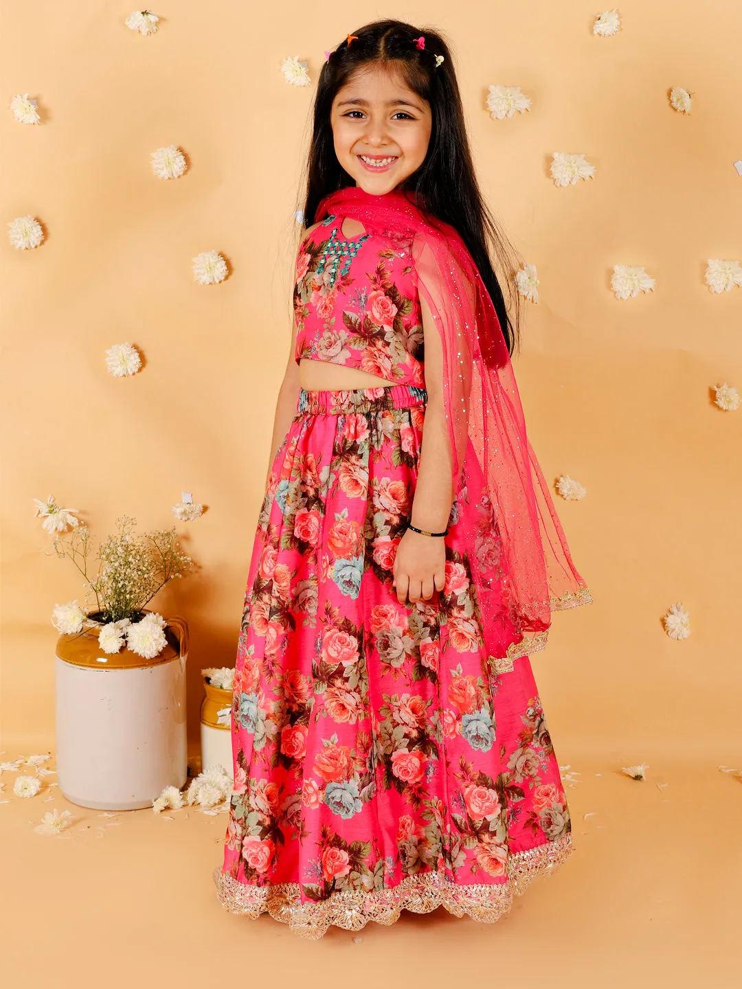 Girl's Floral Print Choli With Back Open & Umbrella Ghaghra With Chiffon Drape Dupatta & Latkan-Fuschia - Lil Peacock