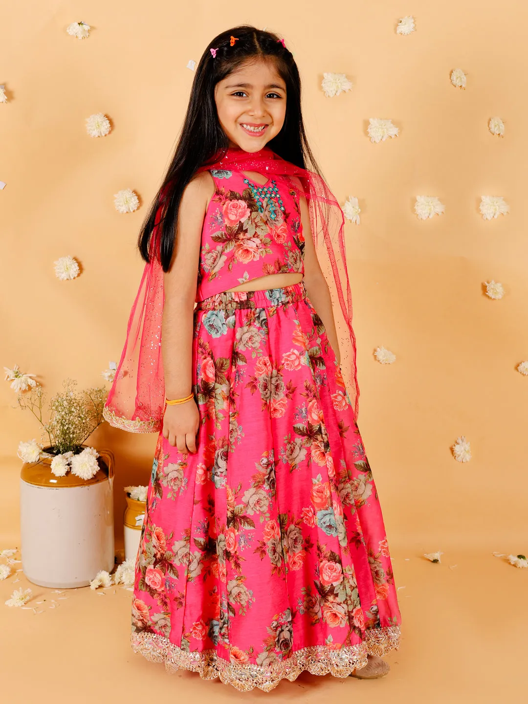 Girl's Floral Print Choli With Back Open & Umbrella Ghaghra With Chiffon Drape Dupatta & Latkan-Fuschia - Lil Peacock