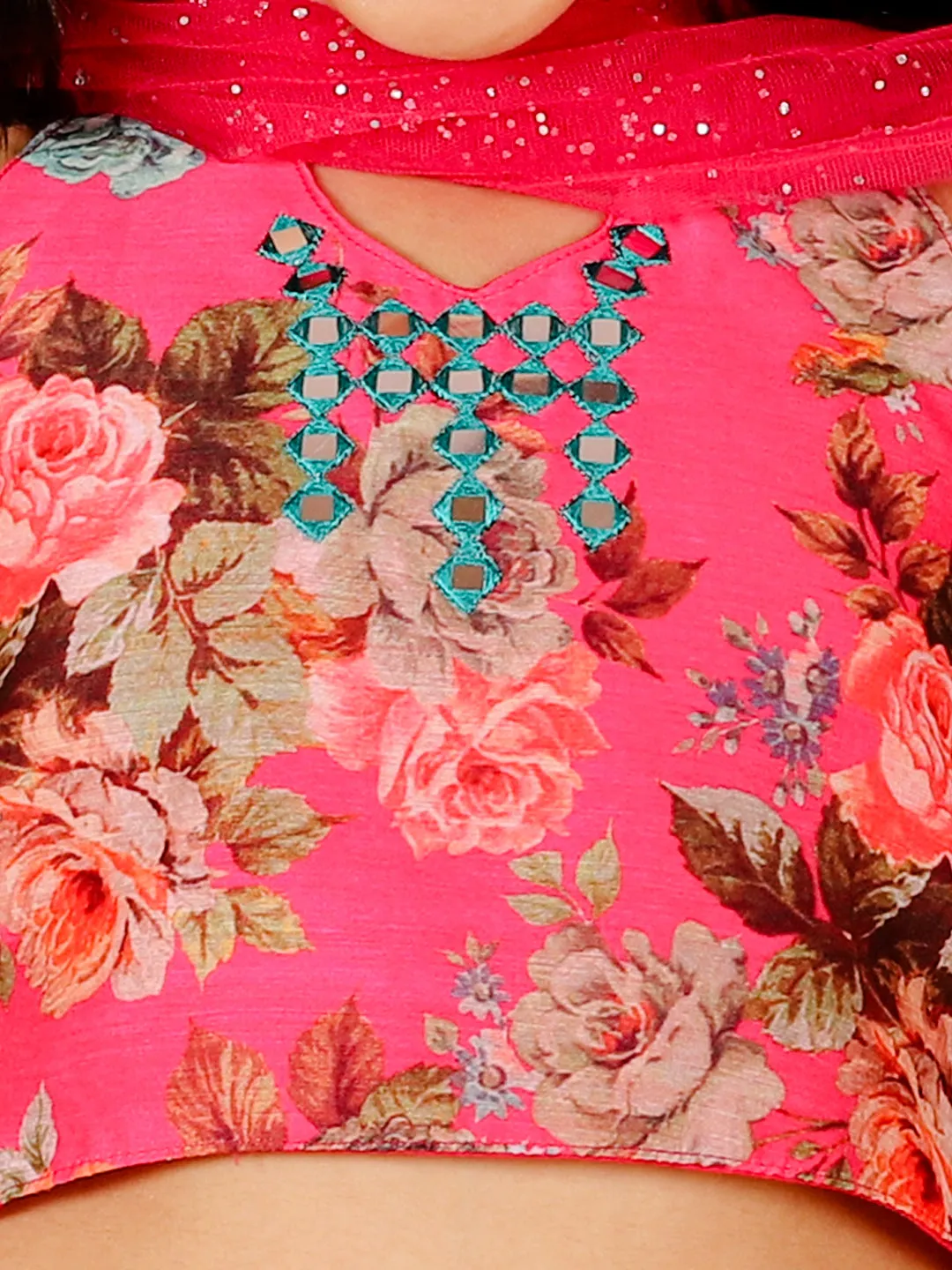 Girl's Floral Print Choli With Back Open & Umbrella Ghaghra With Chiffon Drape Dupatta & Latkan-Fuschia - Lil Peacock