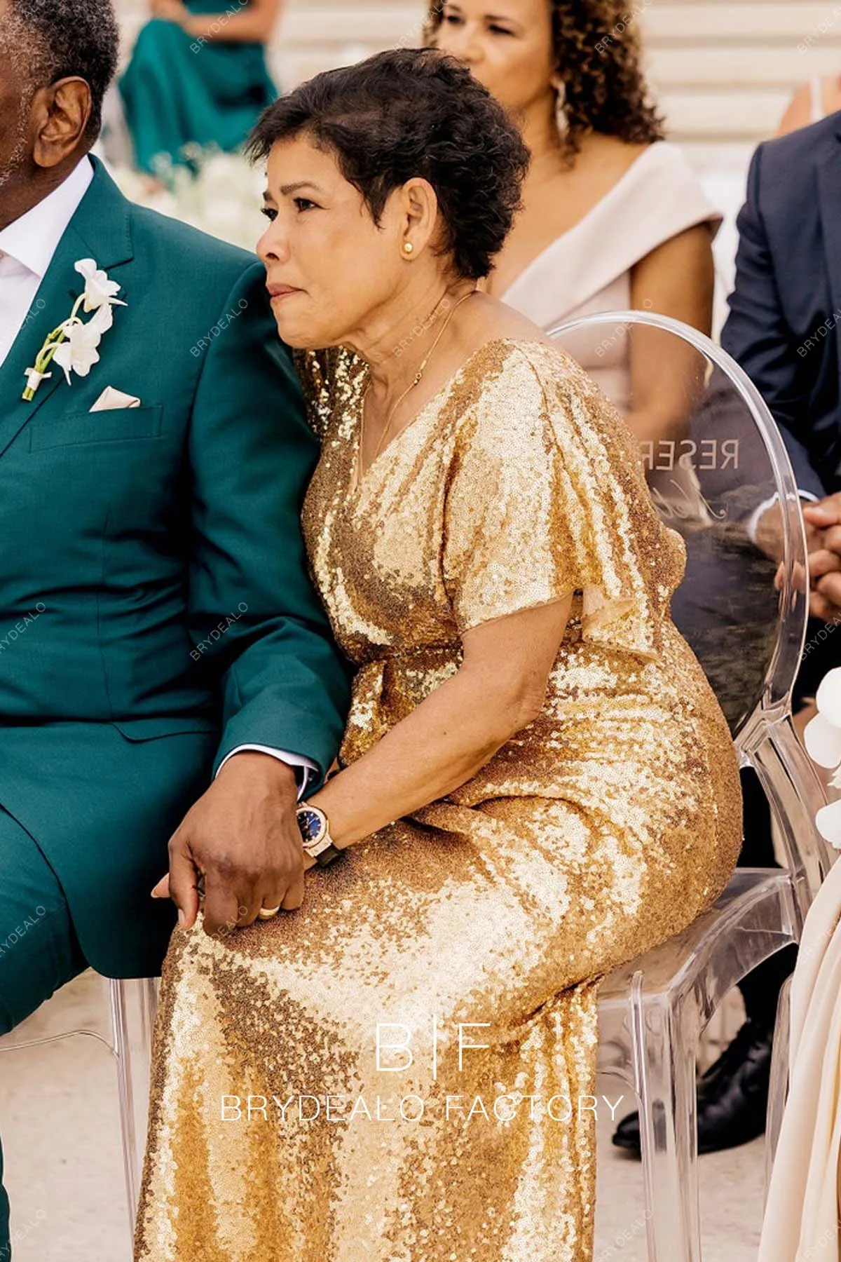 Gold Sequin V-neck Floor Length Mother of the Bride or Groom Dress
