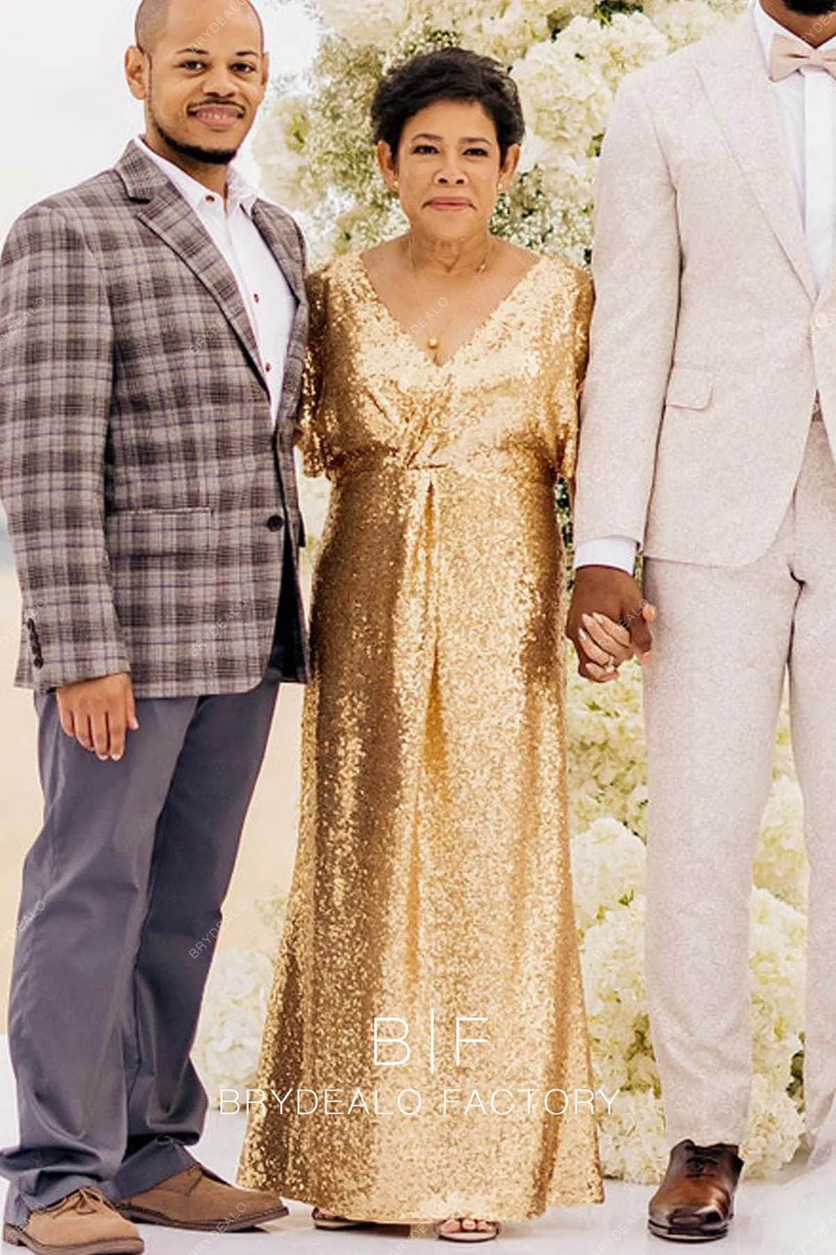 Gold Sequin V-neck Floor Length Mother of the Bride or Groom Dress