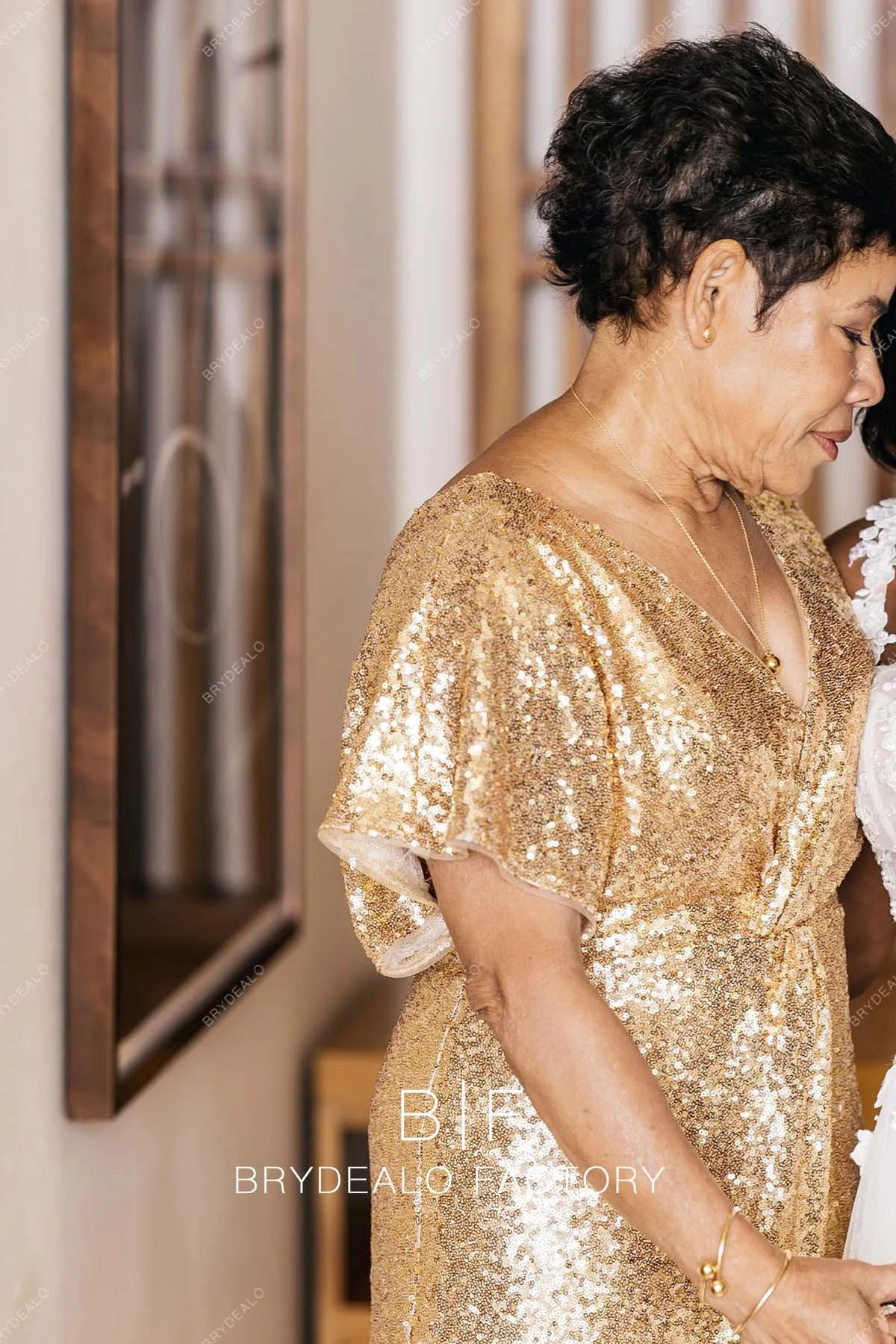 Gold Sequin V-neck Floor Length Mother of the Bride or Groom Dress