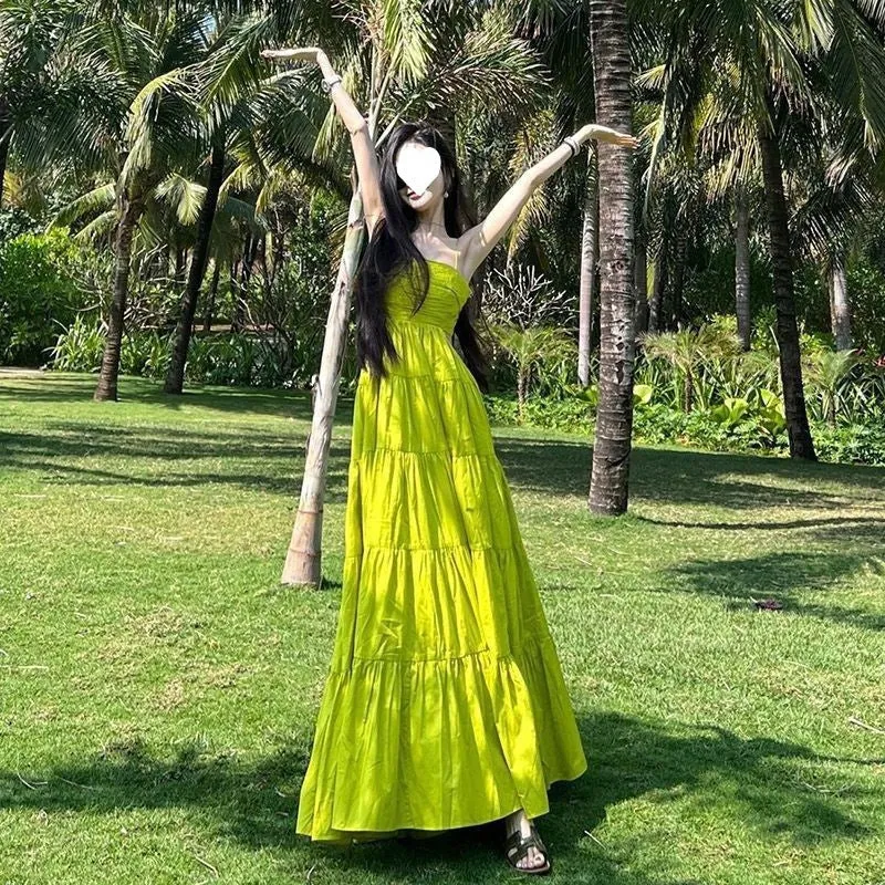 Green Summer Dress A Line Strapless Long Dress L7