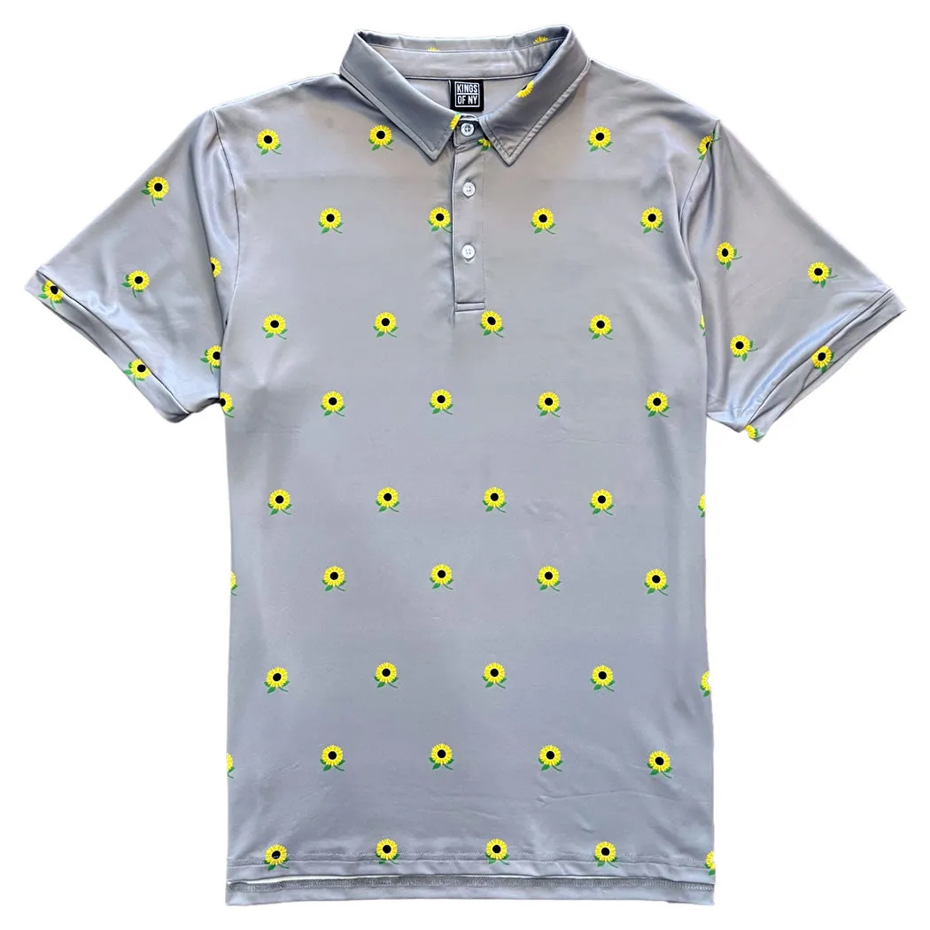 Grey Sunflower Floral Men's Polo Golf Shirt