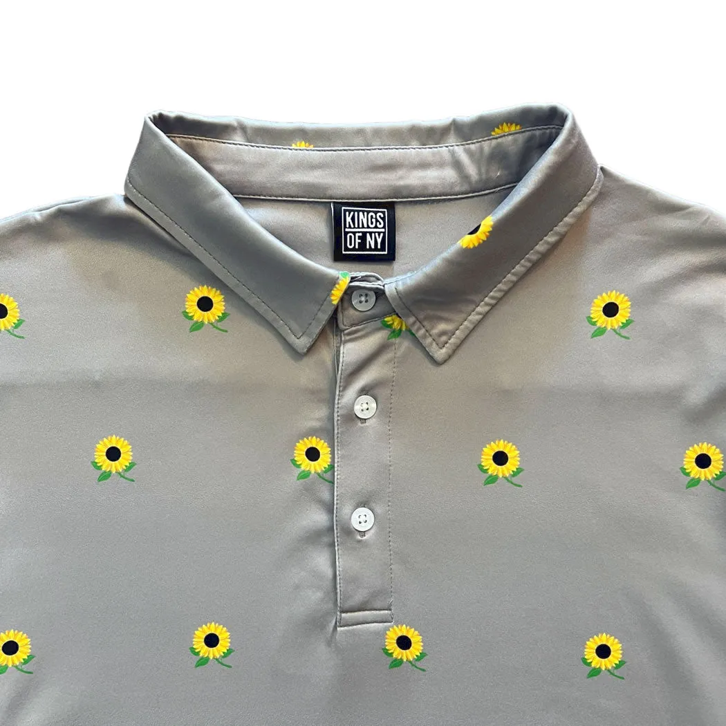 Grey Sunflower Floral Men's Polo Golf Shirt