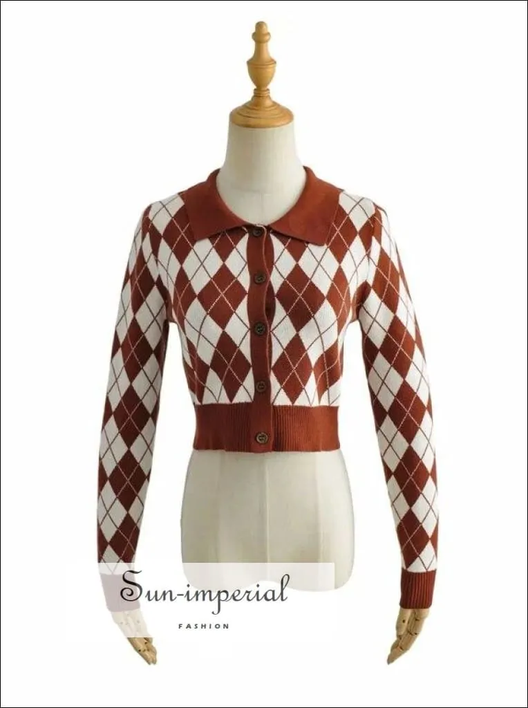 Grey Women Collared Fitted Crop Cardigan Knitted Argyle Crop Cardigan