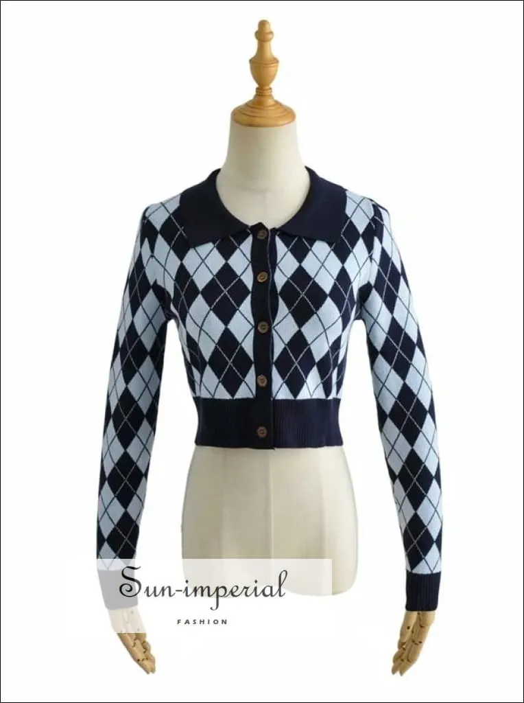 Grey Women Collared Fitted Crop Cardigan Knitted Argyle Crop Cardigan