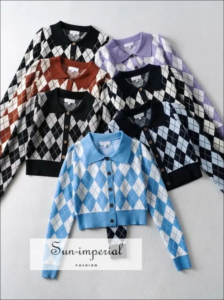 Grey Women Collared Fitted Crop Cardigan Knitted Argyle Crop Cardigan
