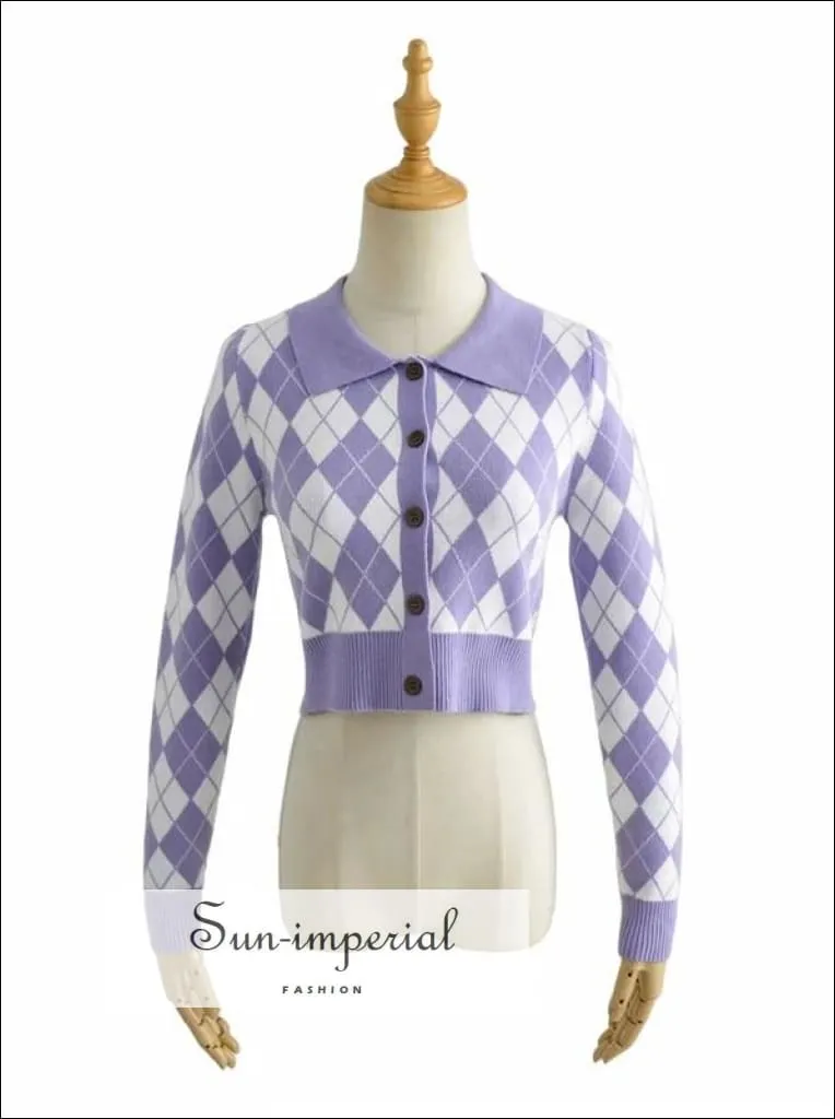 Grey Women Collared Fitted Crop Cardigan Knitted Argyle Crop Cardigan