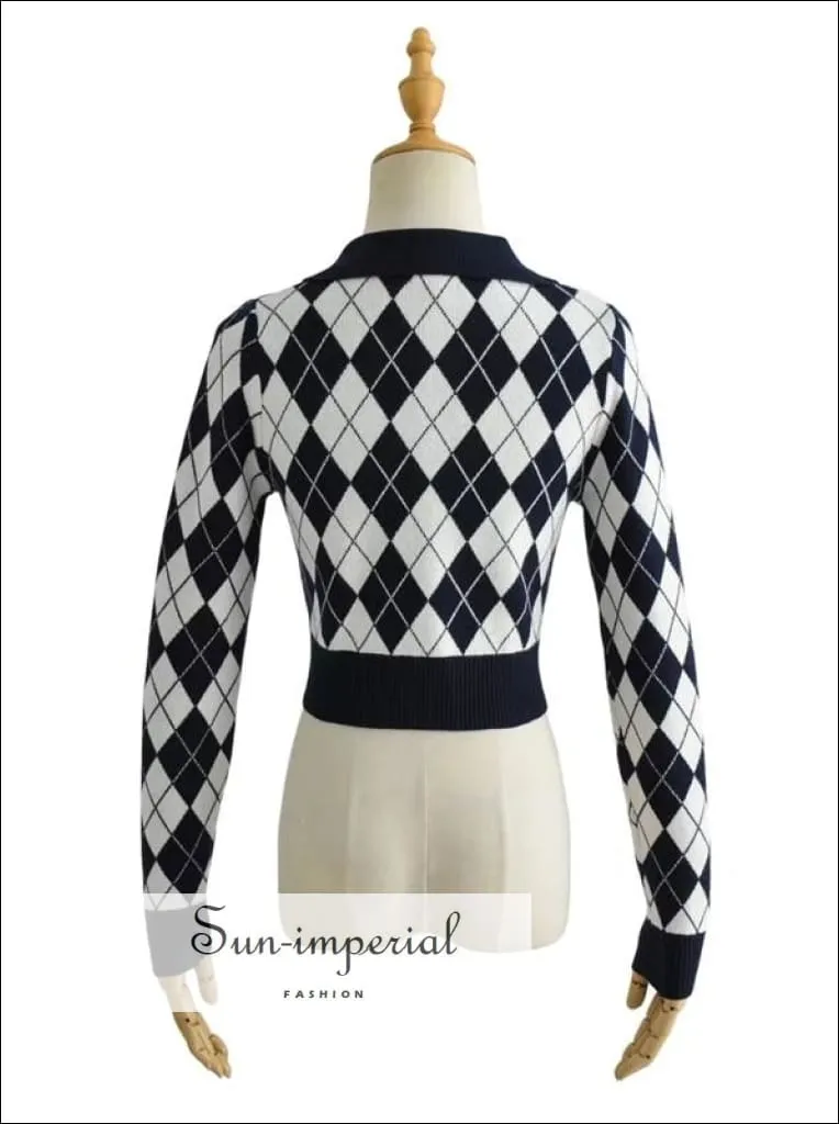 Grey Women Collared Fitted Crop Cardigan Knitted Argyle Crop Cardigan