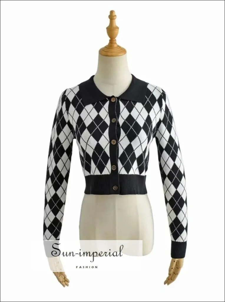 Grey Women Collared Fitted Crop Cardigan Knitted Argyle Crop Cardigan