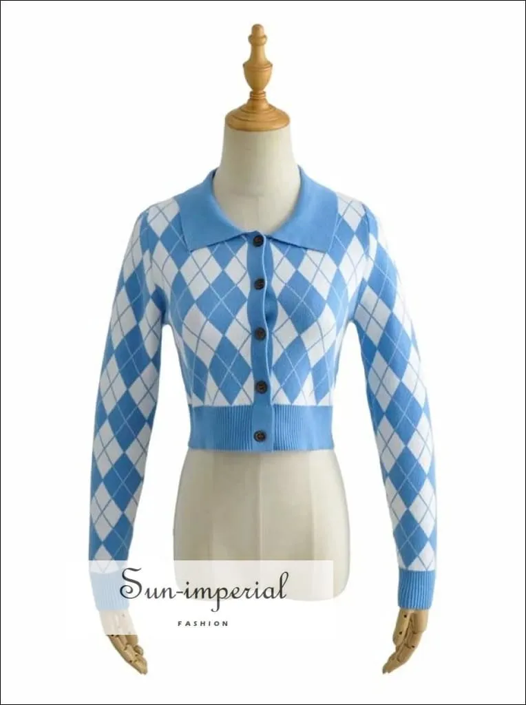 Grey Women Collared Fitted Crop Cardigan Knitted Argyle Crop Cardigan
