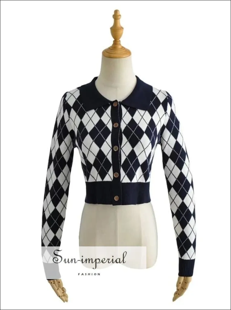 Grey Women Collared Fitted Crop Cardigan Knitted Argyle Crop Cardigan