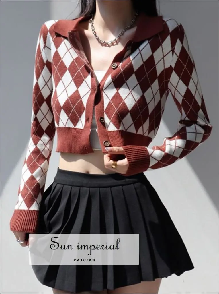 Grey Women Collared Fitted Crop Cardigan Knitted Argyle Crop Cardigan
