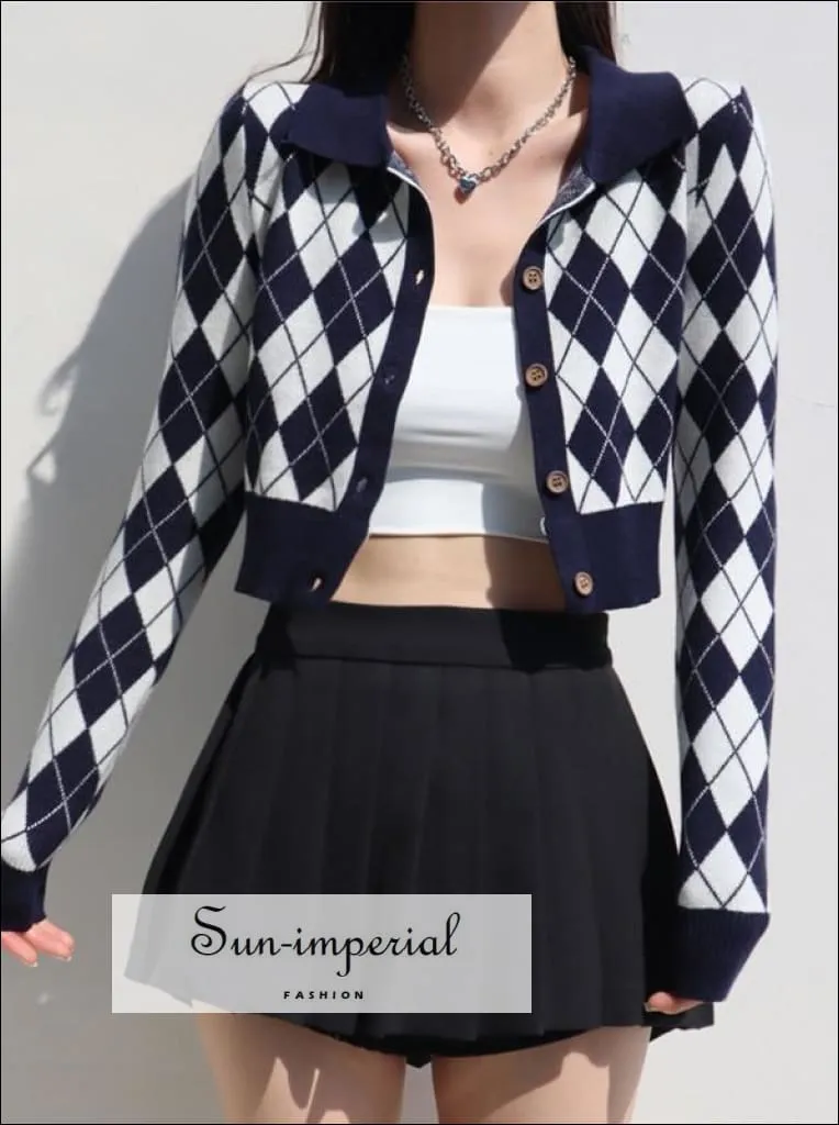 Grey Women Collared Fitted Crop Cardigan Knitted Argyle Crop Cardigan