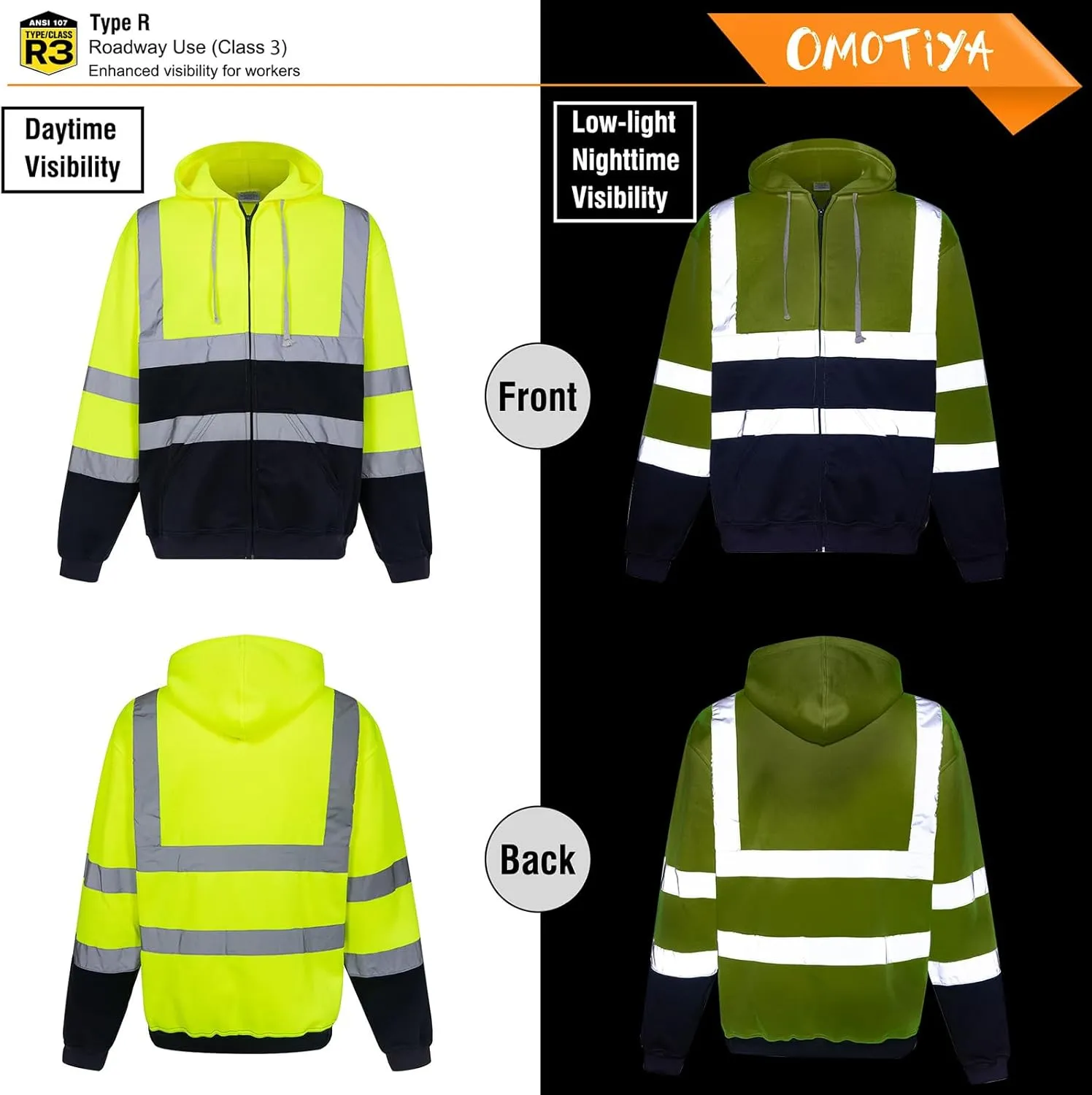 HI VIS Safety Hoodie Jacket for Men, Class 3 Reflective Hoodie with Pockets