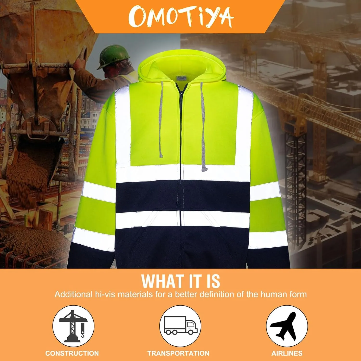 HI VIS Safety Hoodie Jacket for Men, Class 3 Reflective Hoodie with Pockets