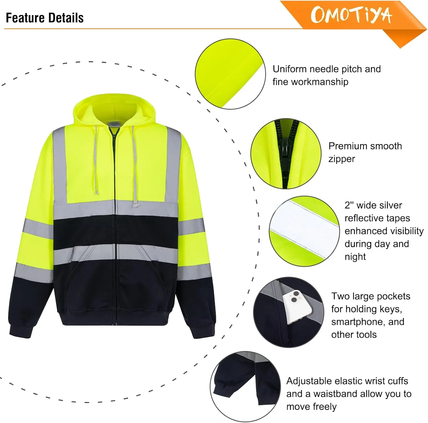HI VIS Safety Hoodie Jacket for Men, Class 3 Reflective Hoodie with Pockets