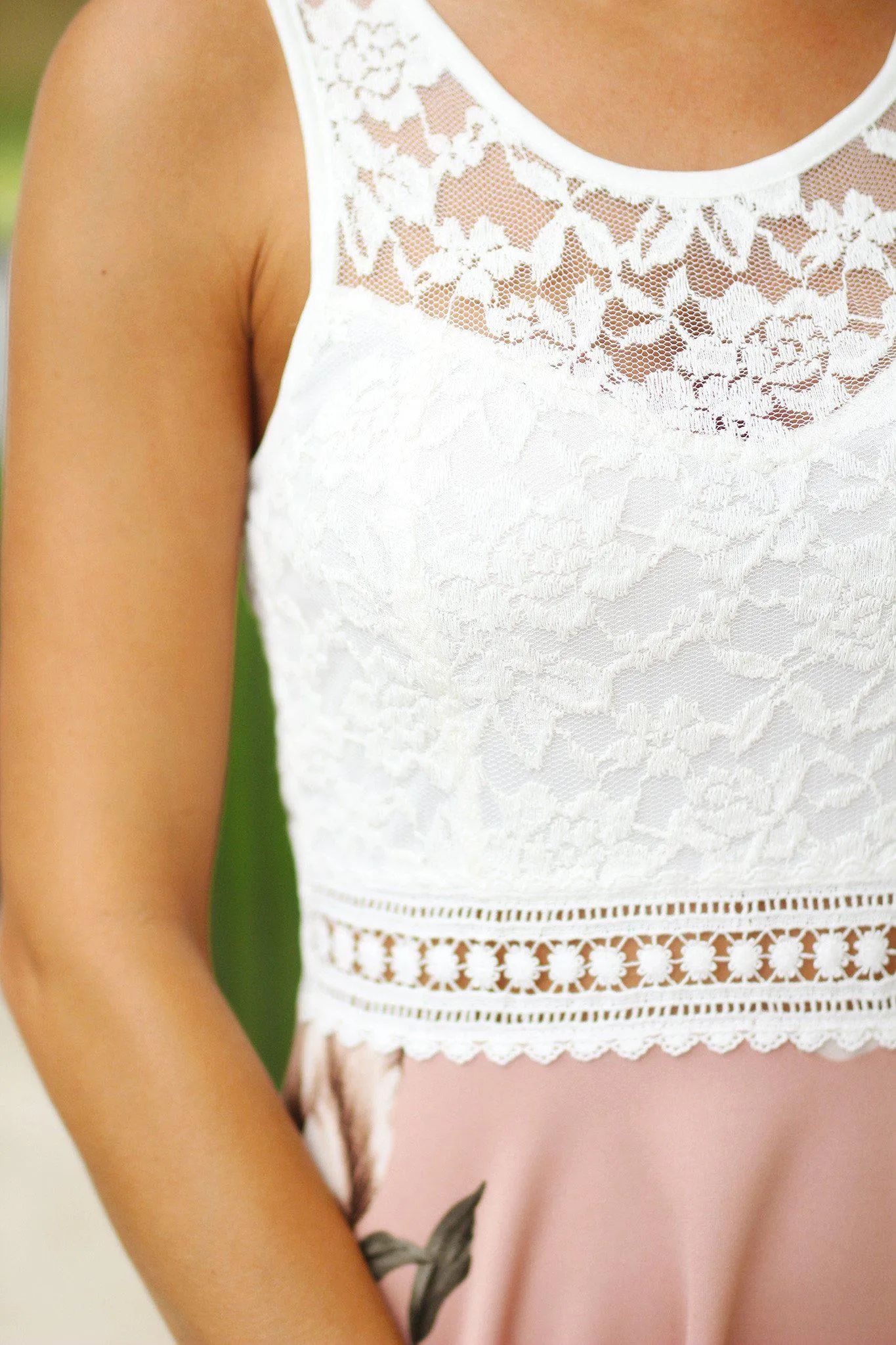 Ivory Floral Short Dress with Lace Top