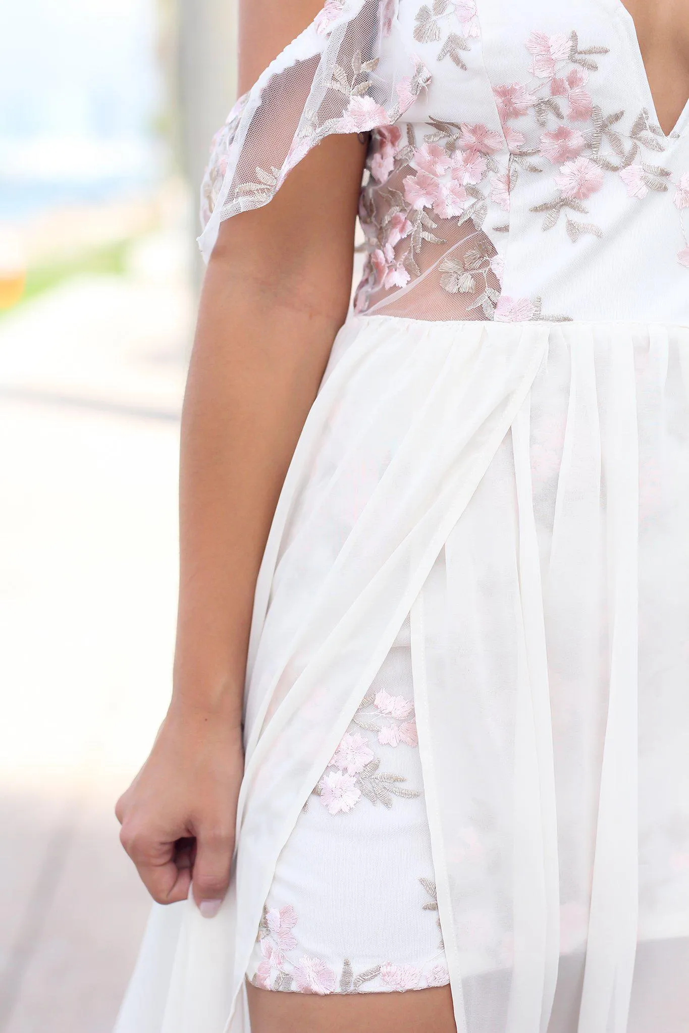 Ivory Off Shoulder Maxi Dress with Pink Embroidery