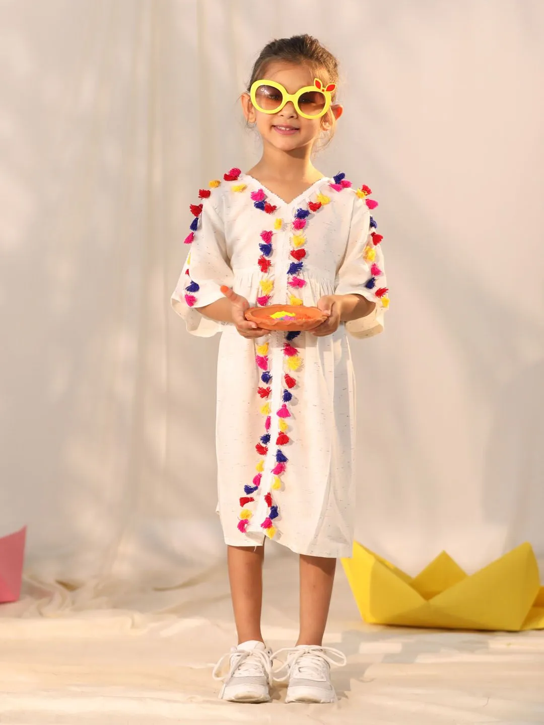 Jashvi Girls' Cream Holi Special Dress