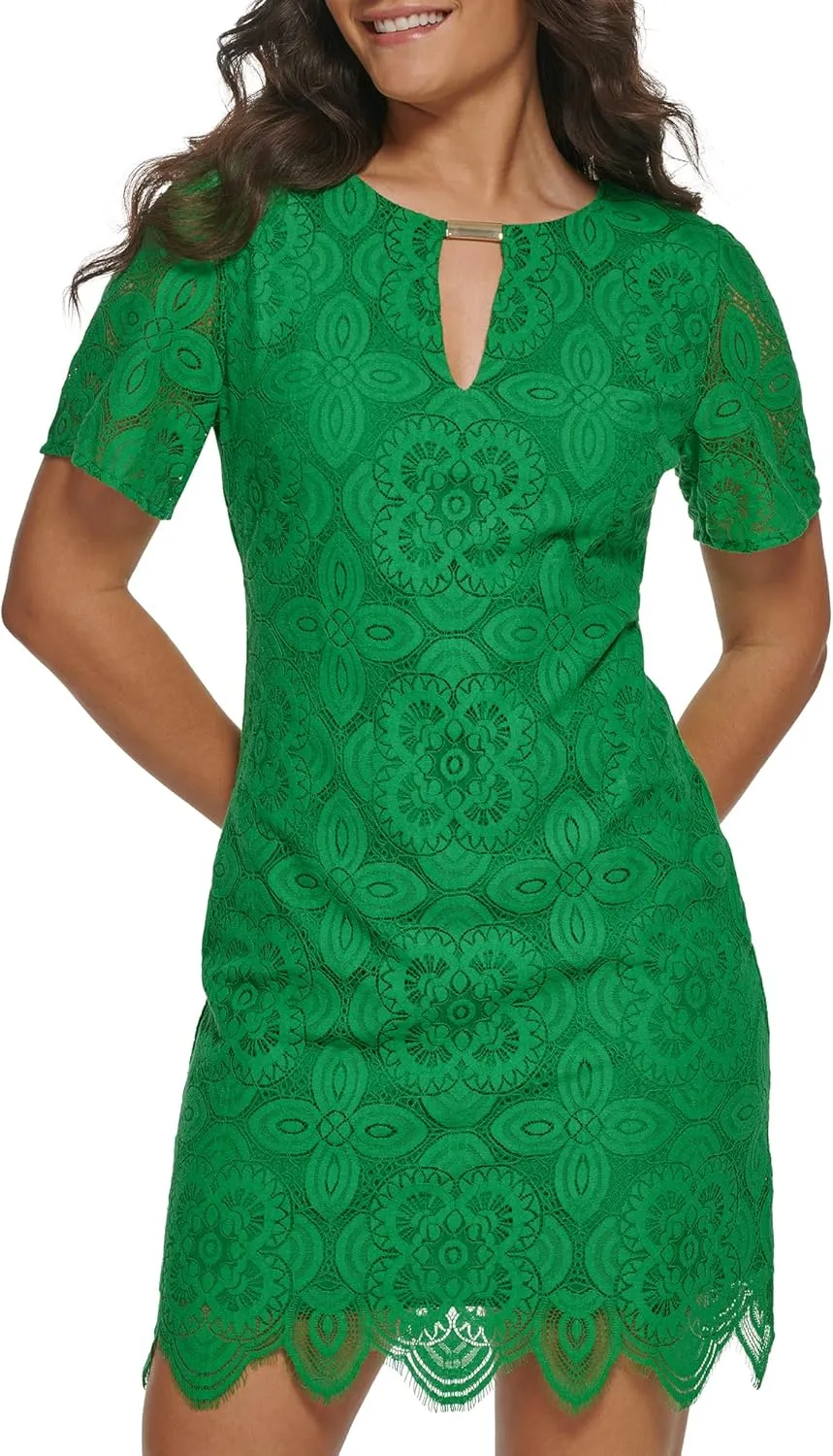 kensie Women's Short Sleeve Keyhole Lace Mini Shift Dress