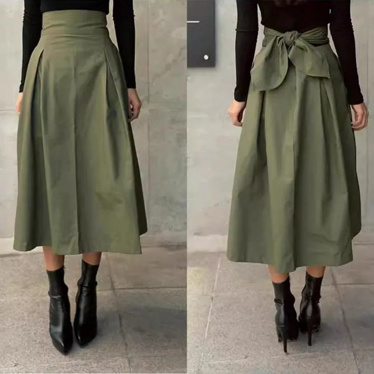 Lanfubeisi fashion outfits Women's Spring Women's Solid Color Skirt A- Line Umbrella Skirt Bow Waist Large Swing Dress