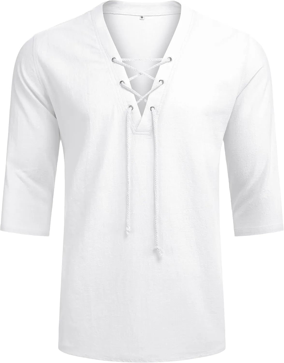 LecGee Men's Casual Cotton Linen Shirt Short Sleeve V Neck Lace Up Hippie Beach Tee Shirts Yoga Summer Top