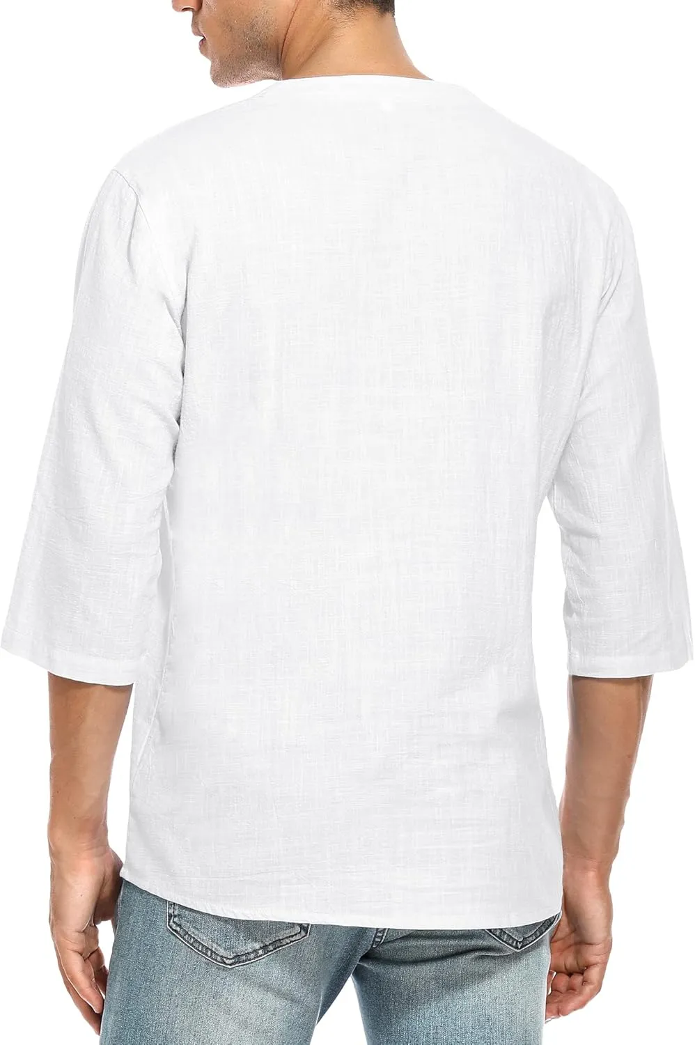 LecGee Men's Casual Cotton Linen Shirt Short Sleeve V Neck Lace Up Hippie Beach Tee Shirts Yoga Summer Top
