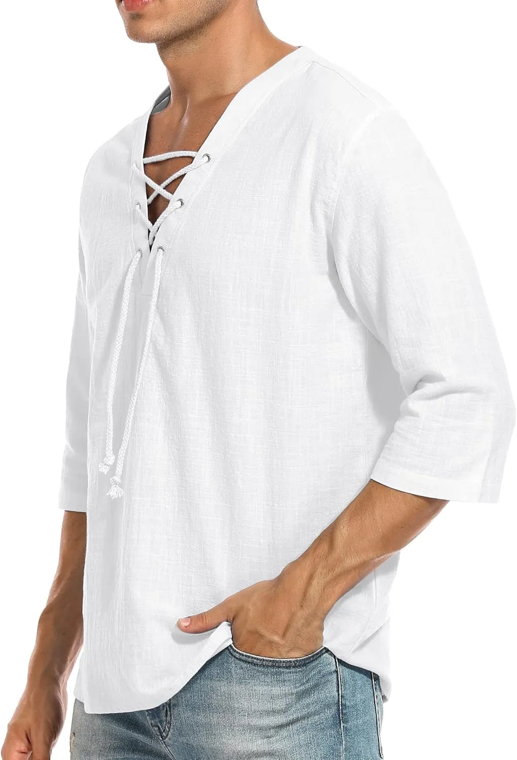 LecGee Men's Casual Cotton Linen Shirt Short Sleeve V Neck Lace Up Hippie Beach Tee Shirts Yoga Summer Top