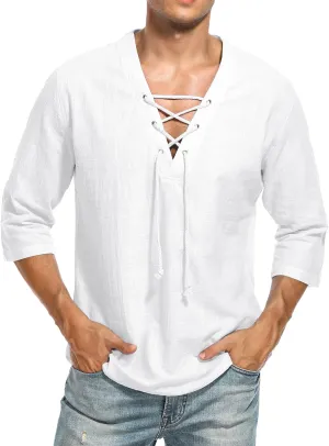 LecGee Men's Casual Cotton Linen Shirt Short Sleeve V Neck Lace Up Hippie Beach Tee Shirts Yoga Summer Top